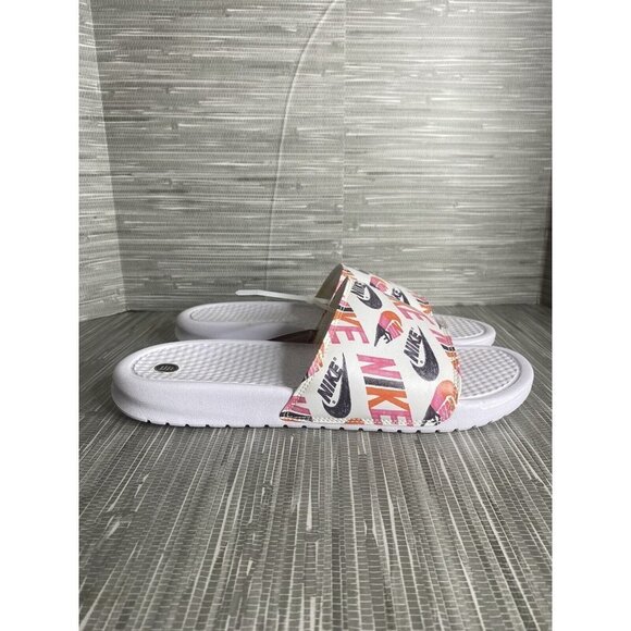 Nike Womens Benassi JDI Print White Black Lotus Pink Slip On Sandals Size‎ 11 - Picture 2 of 8